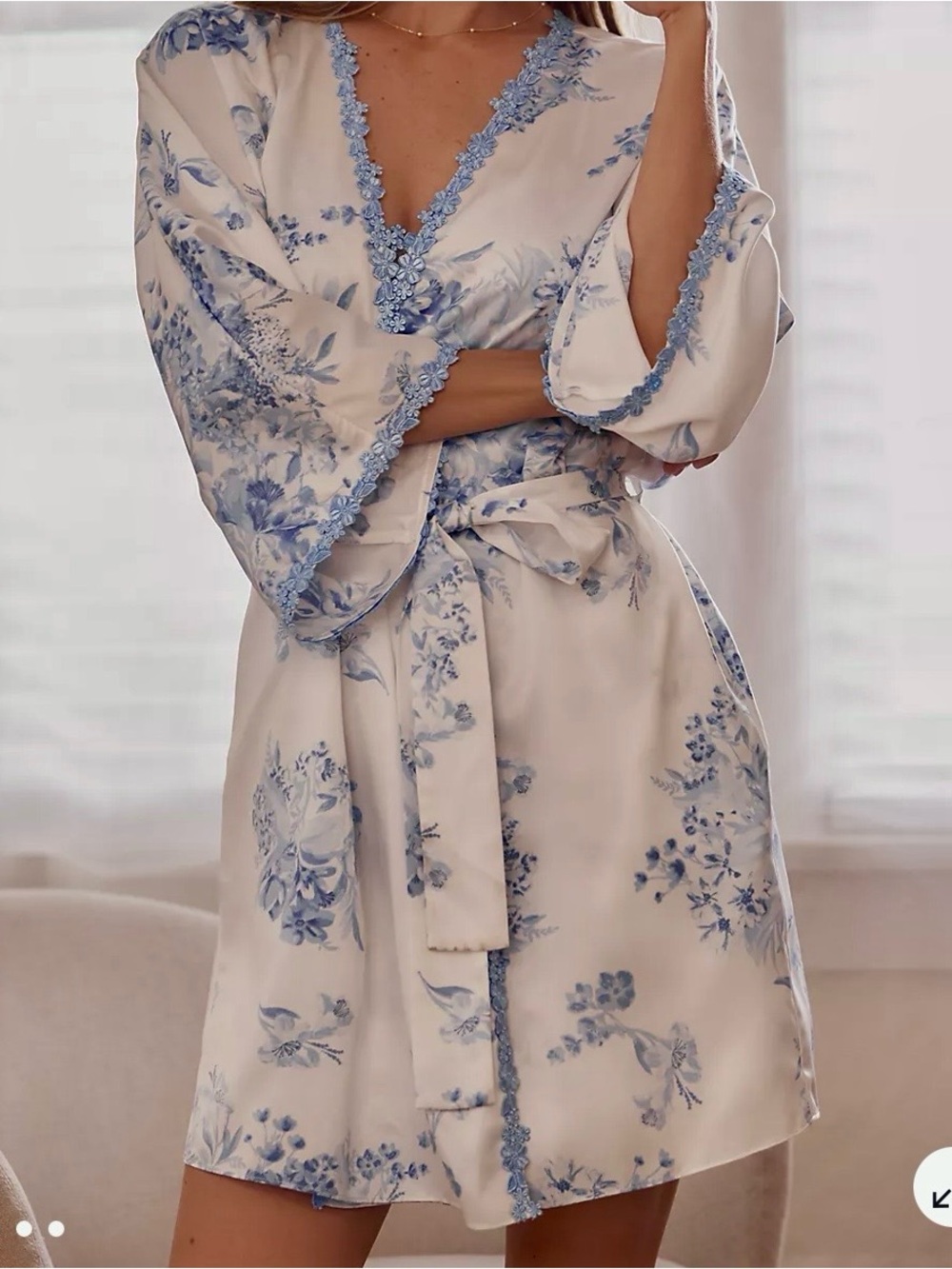 Flora Nikrooz Cream Satin Robe with Blue Floral Trim